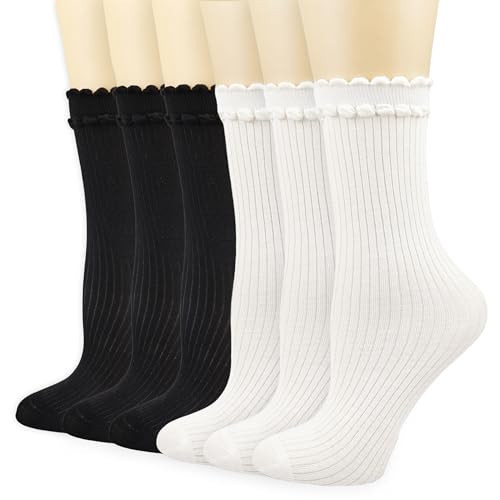 Mcool Mary Women's Crew Socks, Breathable Thin Cotton Cute Scalloped Edges Frilly Ankle Socks for Women 6 Pairs | Amazon (US)