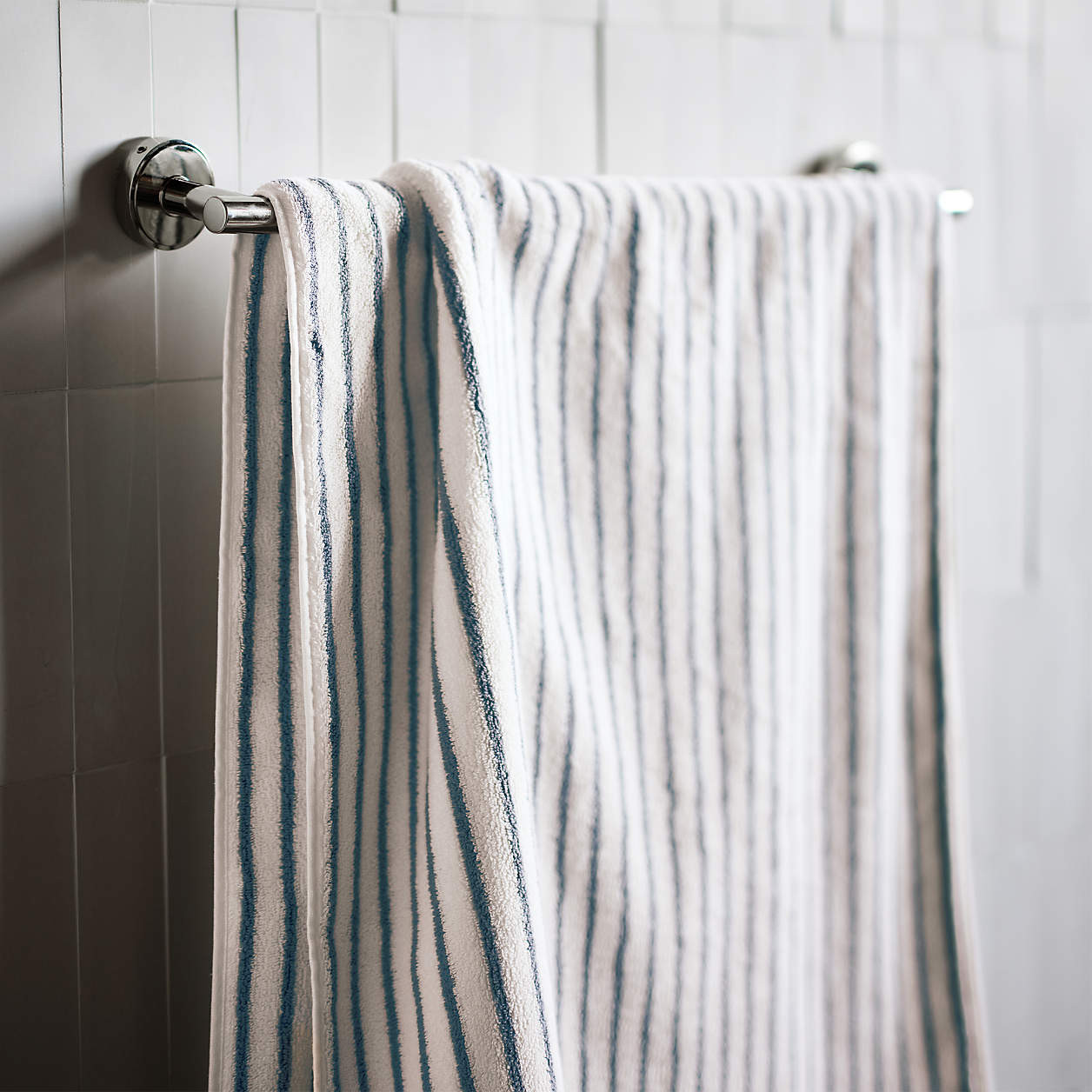 Organic Turkish Cotton Pampas Ivory and Evening Blue Stripe Bath Towels, Set of 6 | Crate & Barre... | Crate & Barrel