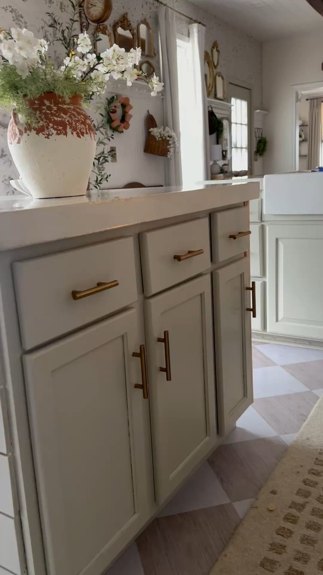 Adding cozy to our kitchen cabinets! 