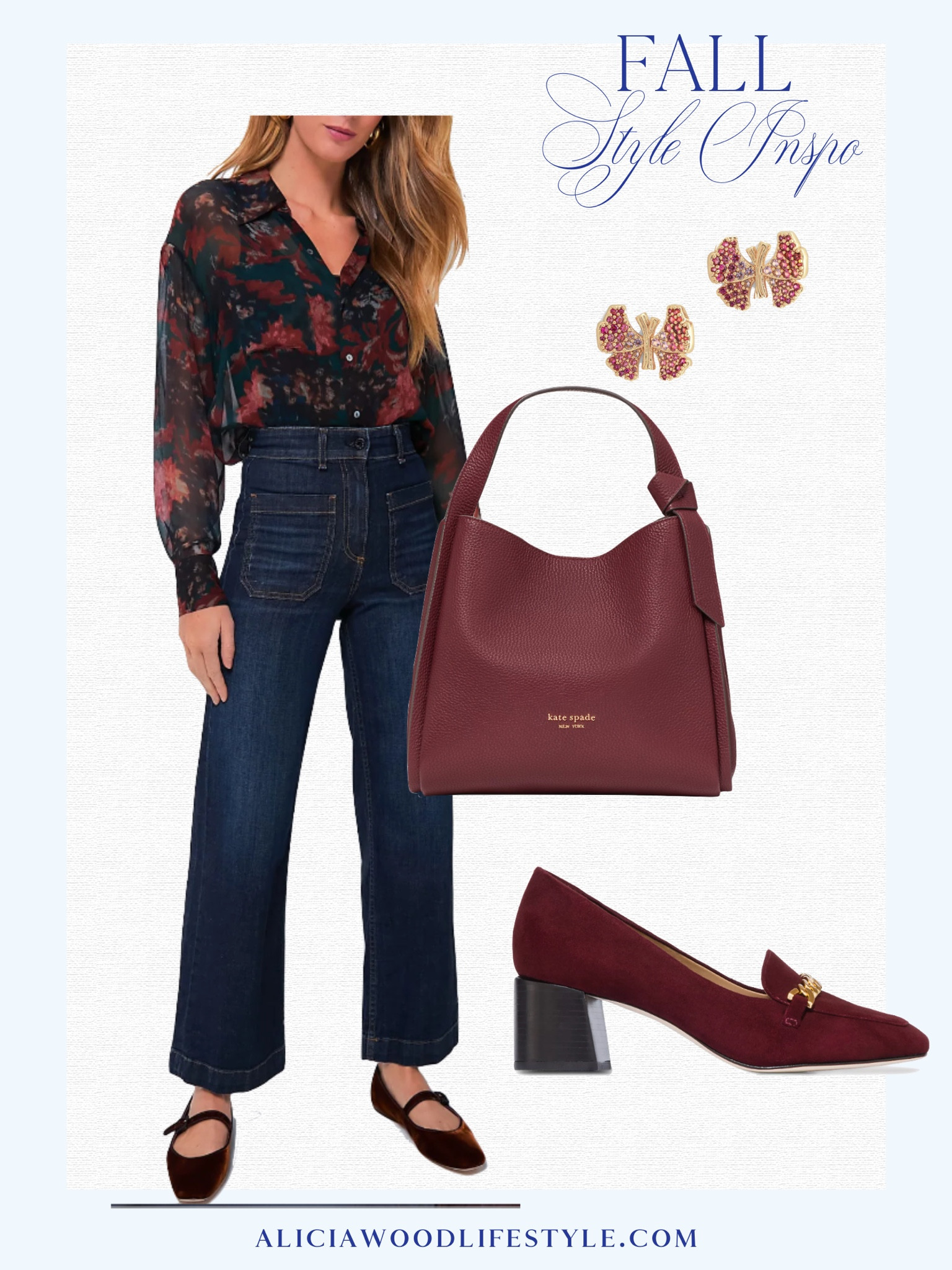 Fall Style inspiration 

Dark floral blouse
Dark wash denim 
Loafer pump with block heel 
Burgundy handbag 
Butterfly pave stud earrings 

#LTKOver40 #LTKSeasonal #LTKStyleTip