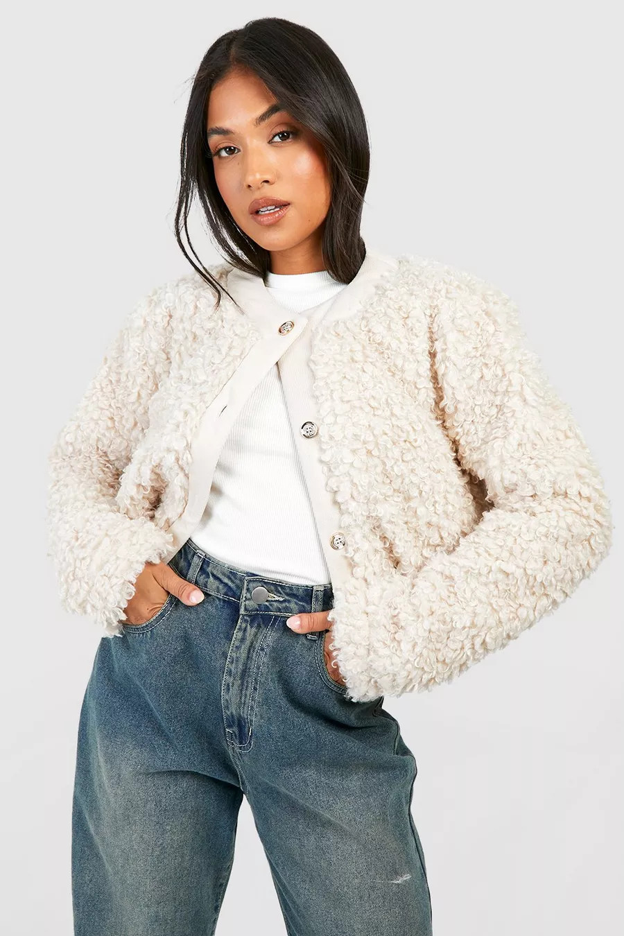 Petite Cropped Teddy Boucle Jacket | boohoo (US & Canada)