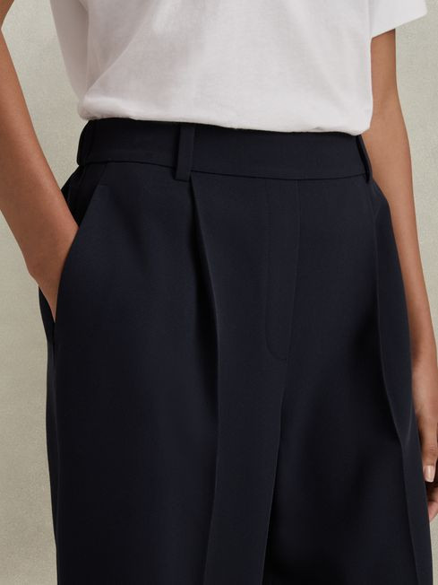 Half-Elasticated Wide Leg Trousers in Navy | Reiss UK