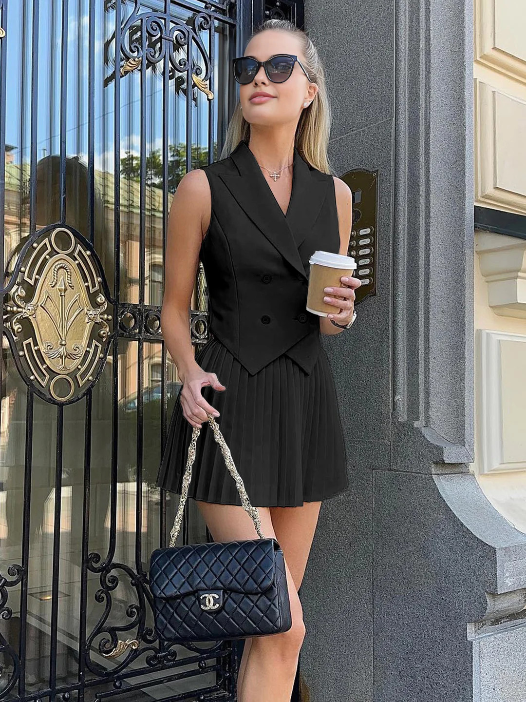 Suit Waistcoat With Pleated Mini Skirt Set | Commense