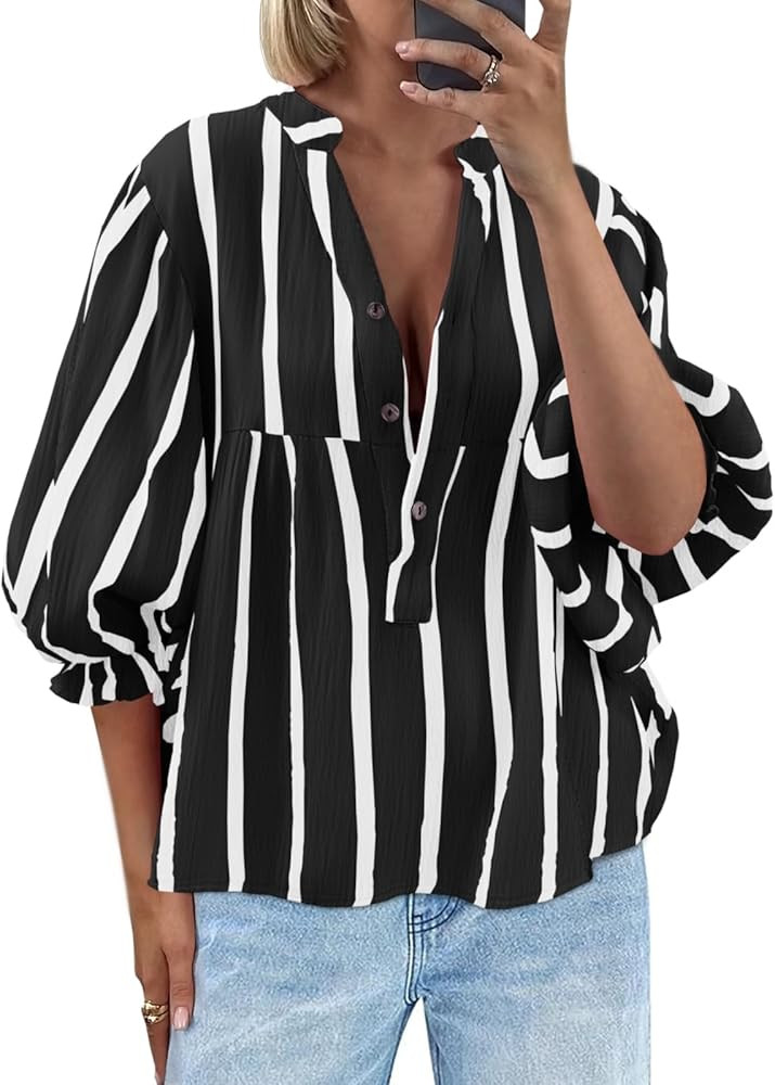 Tankaneo Womens Puff Sleeve Babydoll Tops Summer V Neck Striped Blouse Cute Casual Loose Fit Flow... | Amazon (US)
