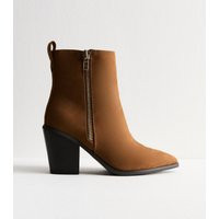 Women's Wide Fit Tan Faux Suede Side Zip Heeled Ankle Boots Vegan New Look | New Look (UK)