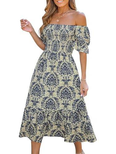CUPSHE Women's Off The Shoulder Ruffled Short Sleeve Smocked Paisley Beach Midi Dress Navy Paisley, S | Amazon (US)