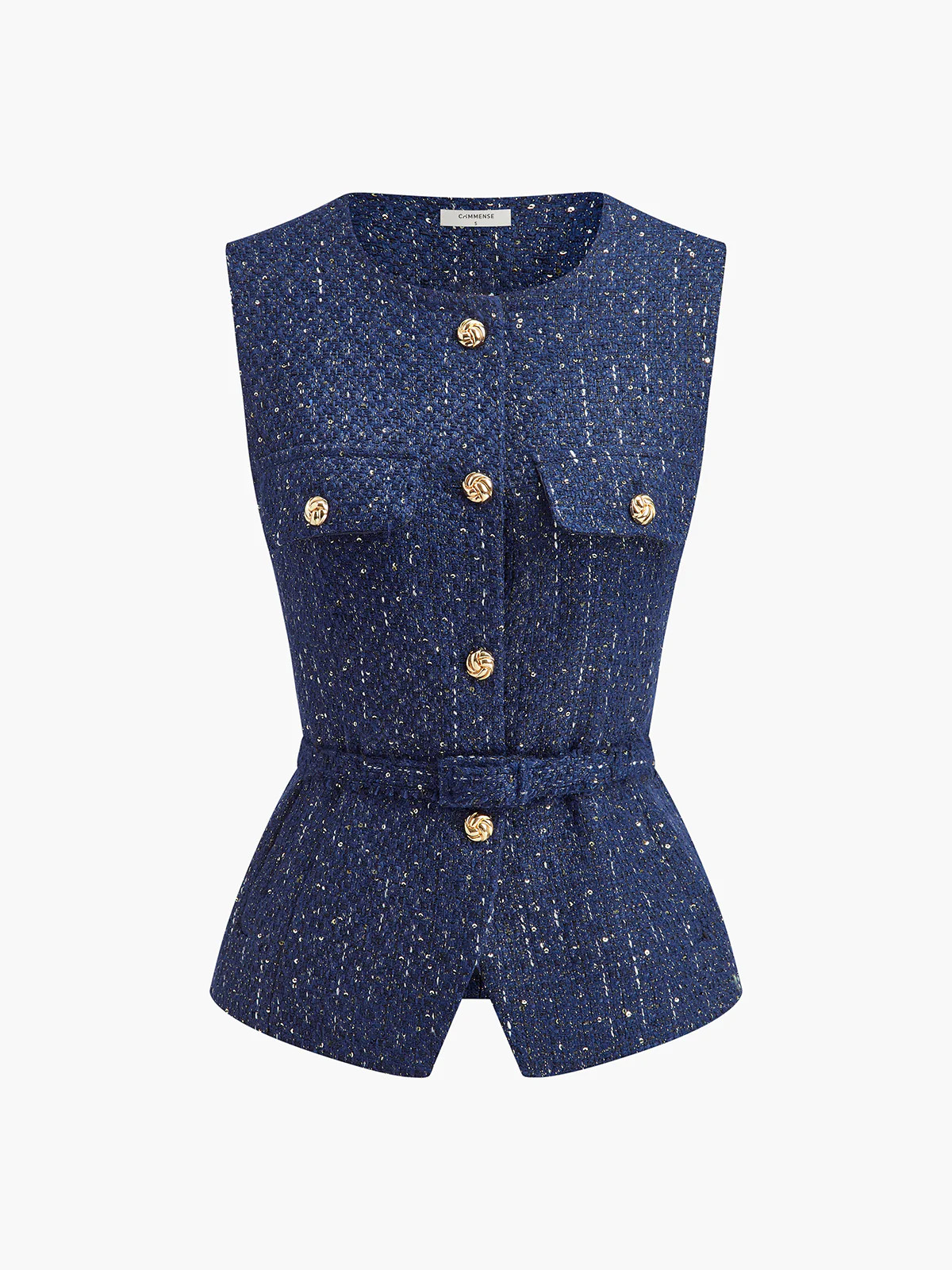 Sequins Button Belted Tweed Vest | Commense