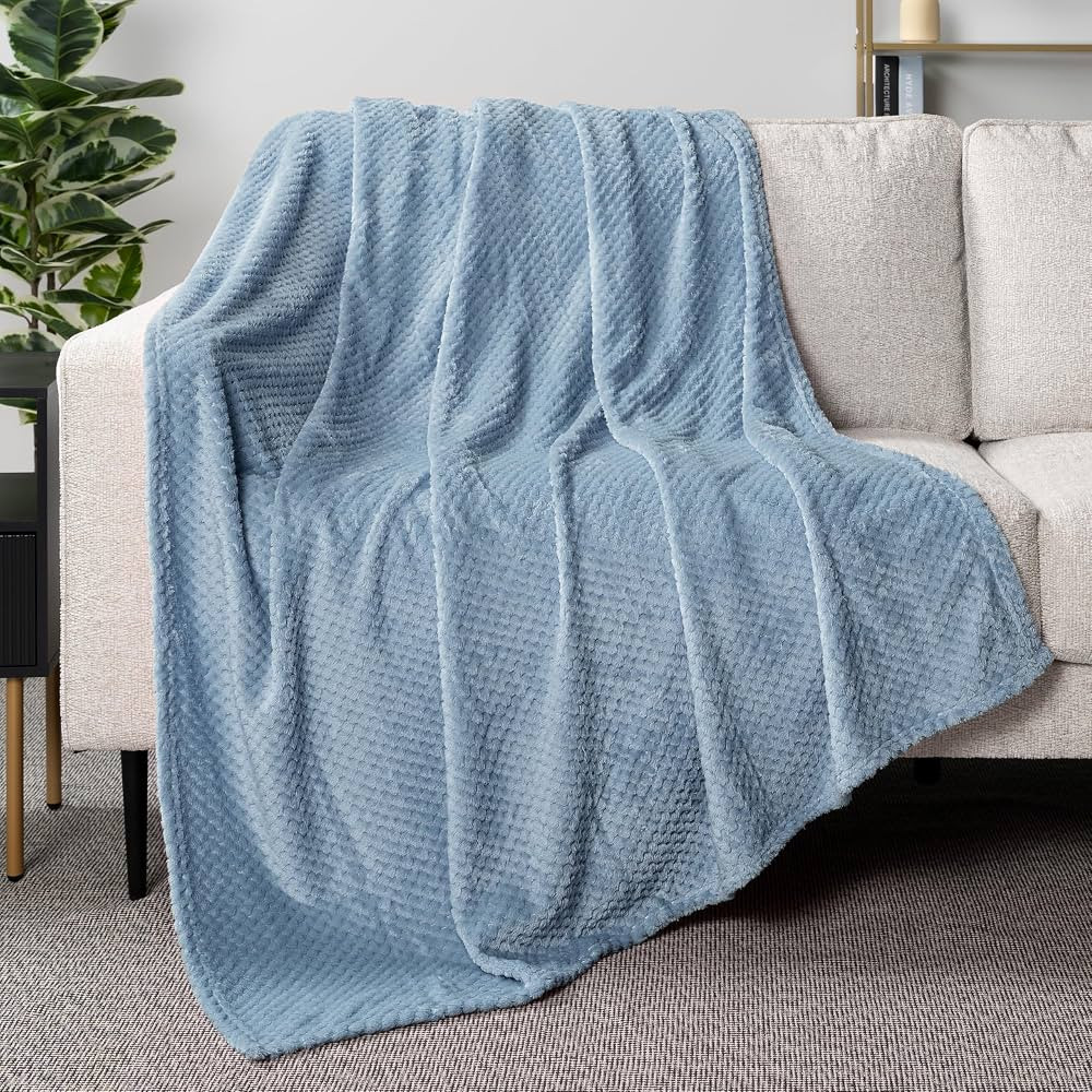 PAVILIA Dusty Blue Throw Blanket for Couch Bed, Soft Fleece Throws for Sofa Chair, Fuzzy Waffle T... | Amazon (US)
