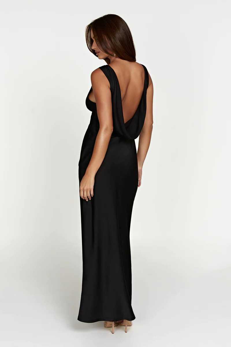 Nadia Maxi Satin Dress With Back Cowl - Black | MESHKI US