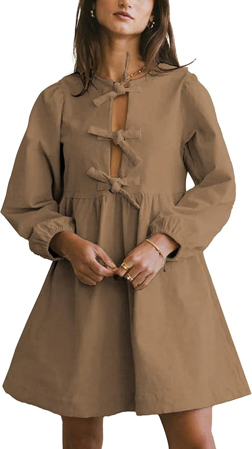 Womens Casual A-Line Mini Dress Corduroy Oversized Crewneck Long Puff Sleeve Bow Tie Front Babydo... | Amazon (US)