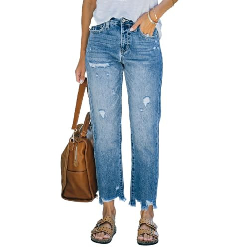 Women's Ripped Hole Waist Light Blue Vintage Boyfriend Jeans Casual Straight Leg Wash Denim Jeans | Amazon (US)