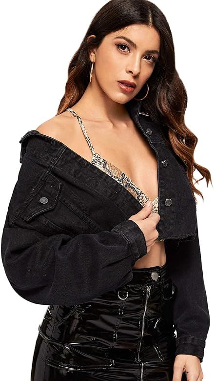 Floerns Women's Casual Drop Shoulder Ripped Crop Denim Jacket | Amazon (US)