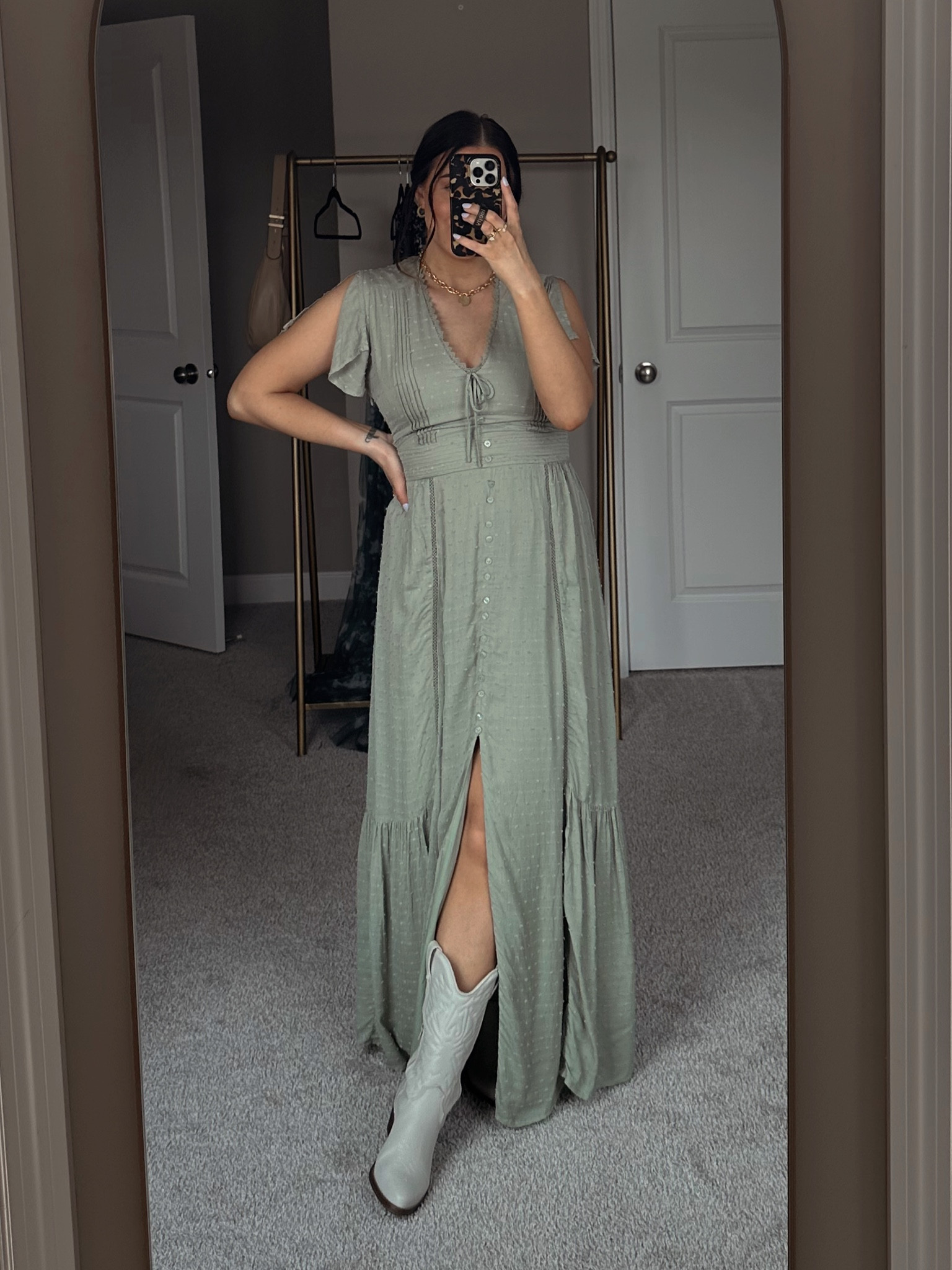 sage green dress with cowboy boots _lomeyer_ on LTK YGroup_cybil-pleated