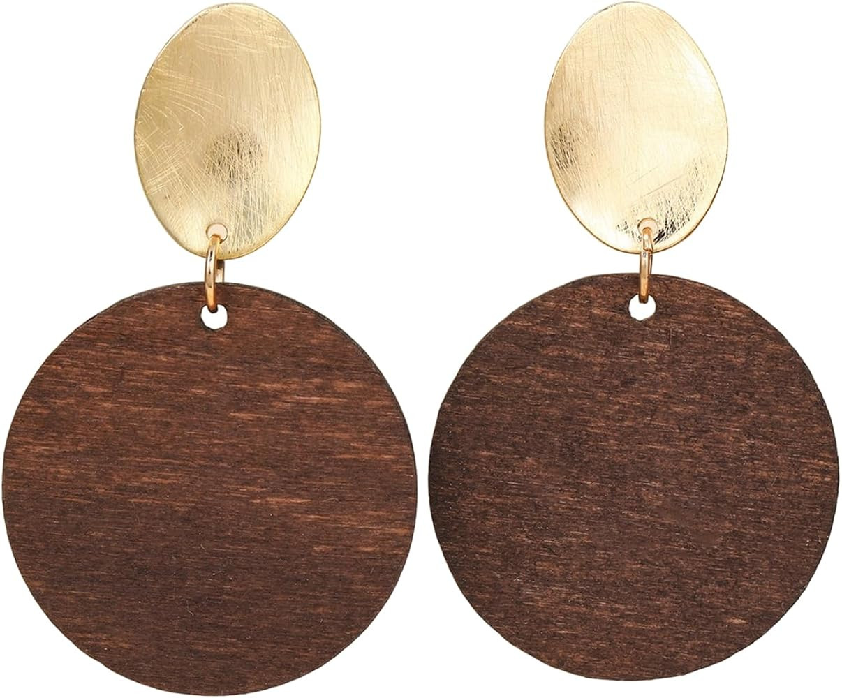 Boho Gold and Wood Dangle Earrings for Women \u2013 Geometric Oval and Wooden Disc Drop Earrings ... | Amazon (US)