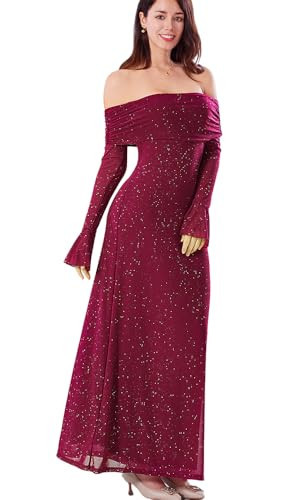 JEPWUT Off Shoulder Bodycon Dress, Long Sleeve Maxi Dress, Party Cocktail Gown Red | Amazon (US)