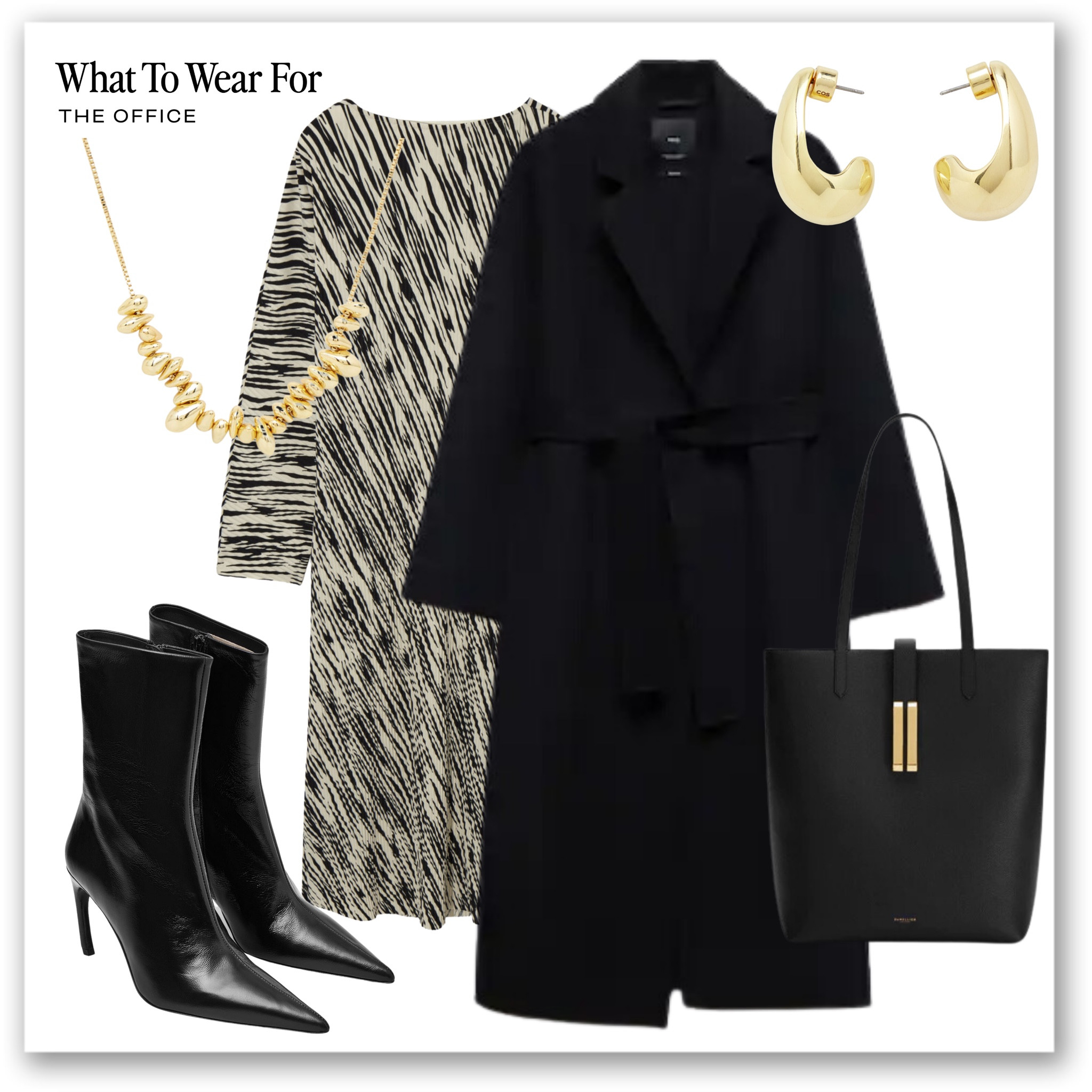Office outfits for autumn 🍂 

Midi dress, zebra print, COS, workwear, mango, black belted coat, heeled boots, demellier tote bag, gold jewellery, high street

#LTKworkwear #LTKstyletip #LTKSeasonal