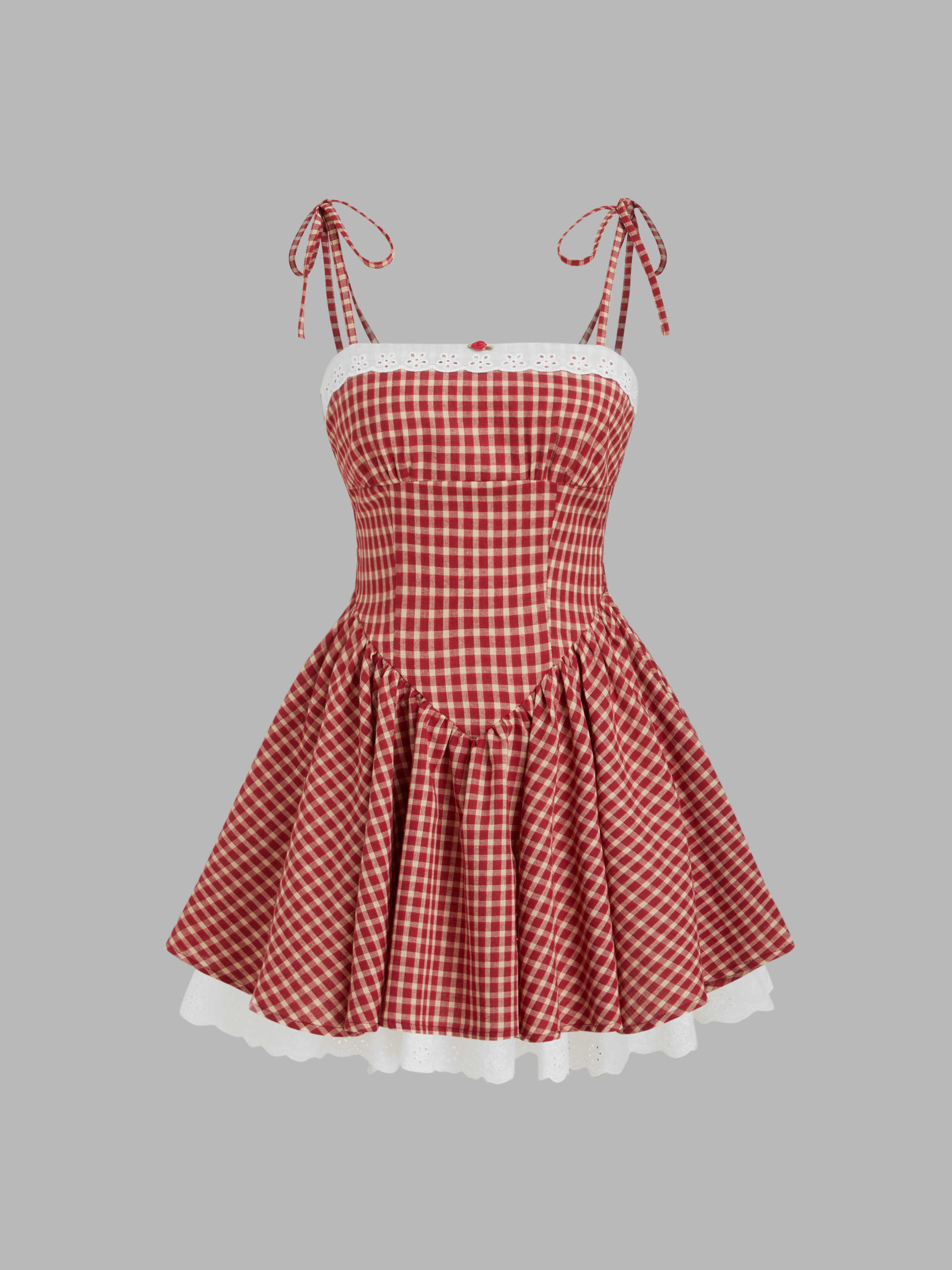 Woven Cotton-blend Gingham Broderie Anglaise Trim Shirred Ruffle Mini Dress For School Daily Casu... | Cider