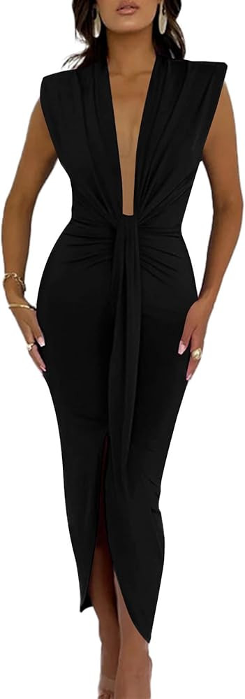 LYANER Women's Deep V Neck Pads Shoulder Ruched Split Slit Front Sleeveless Bodycon Midi Dress | Amazon (US)