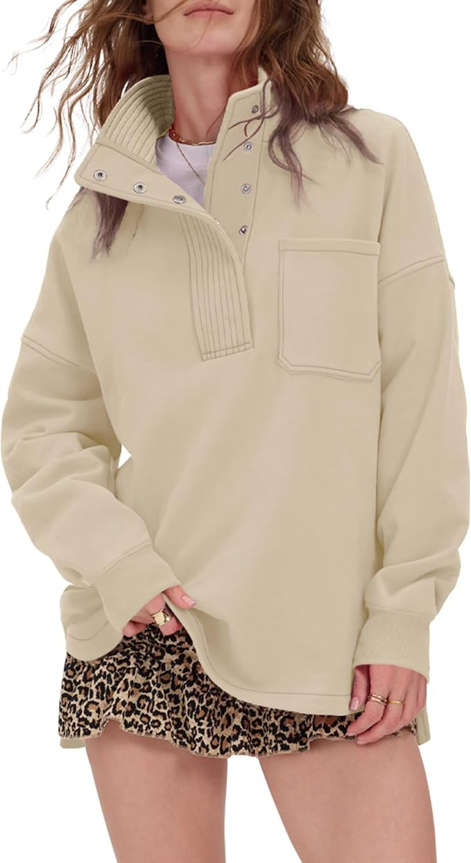 Locachy Womens Oversized Sweatshirt Snap Button Henley Neck Fashion Outfits | Loose Fit, Stitched... | Amazon (US)