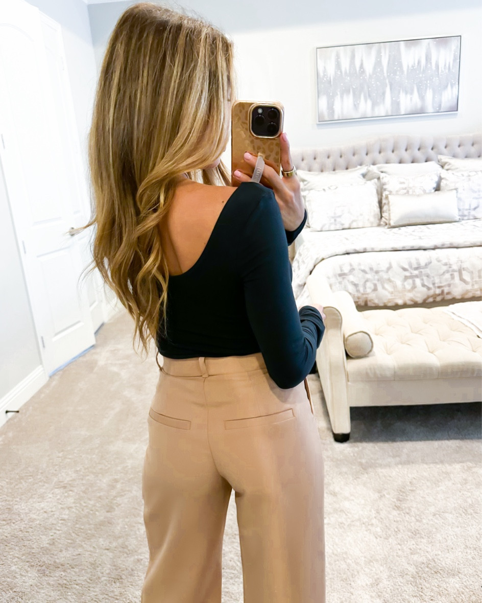 Scoop neck bodysuit Xs tan pleated  pants 24s on sale 

#LTKunder100 #LTKunder50 #LTKsalealert