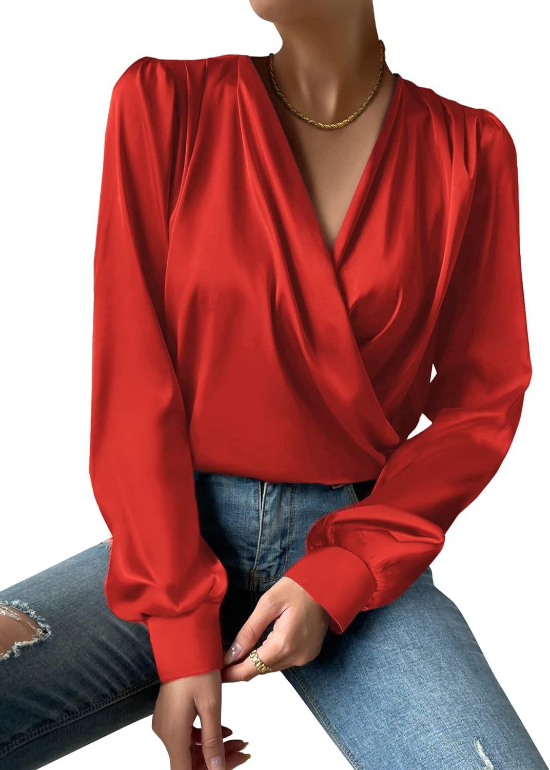 Vrtige Women's Satin Silky Draped Wrap V Neck Ruched Long Sleeve Blouse Shirt Top | Amazon (US)