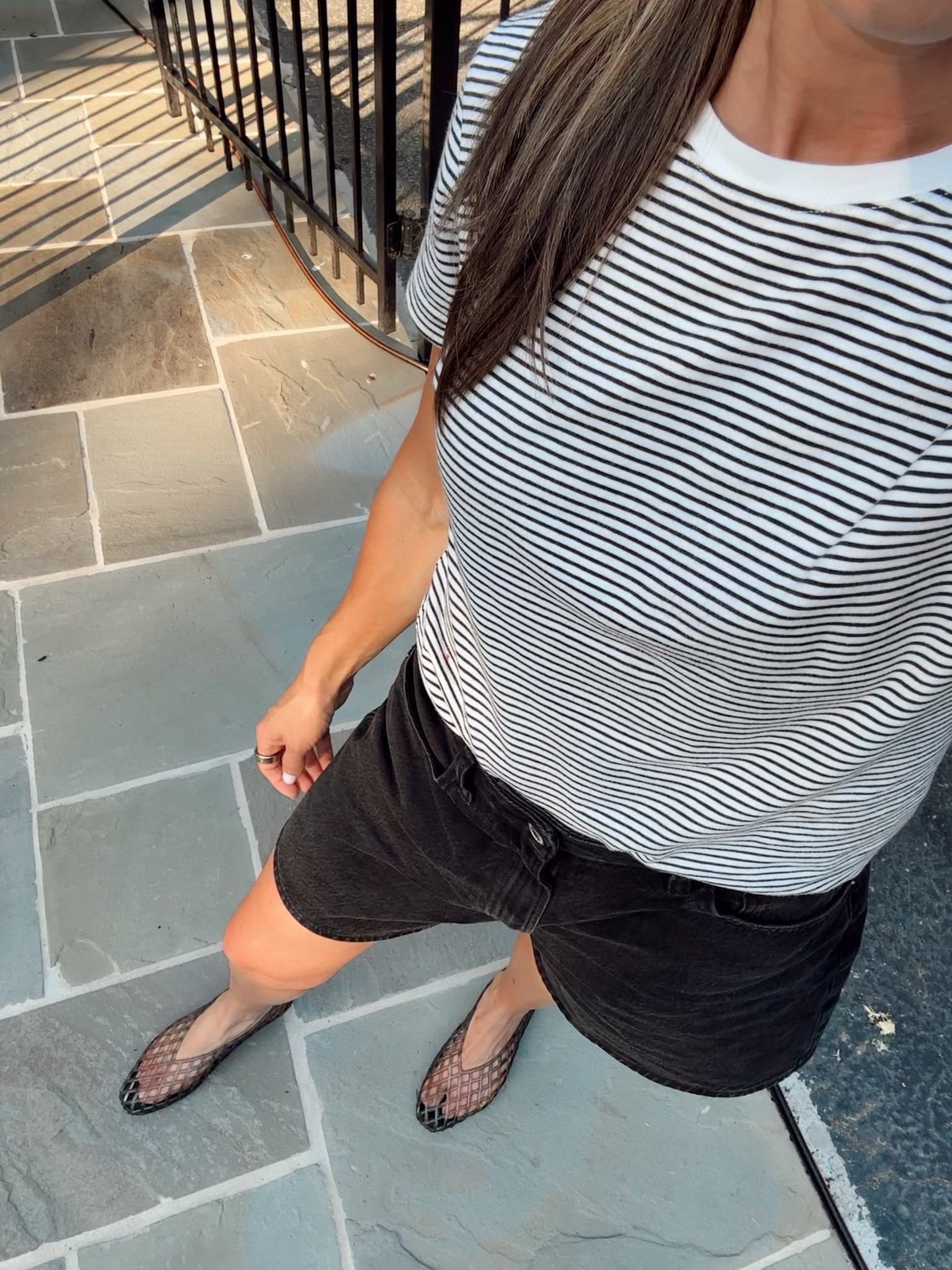 size small in the top, size 26 in the black denim shorts, jelly shoes are TTS

#LTKmomlife #LTKOver40
