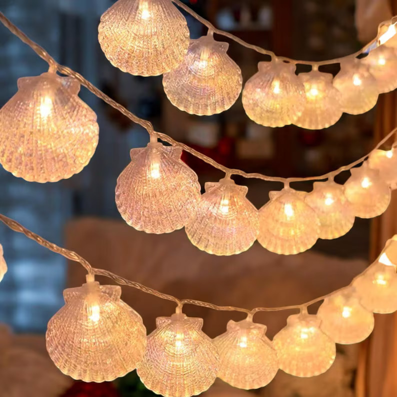 Shell String Lights, Coastal Beach Decor, Nautical Fairy Lights, Ocean Inspired Room Decor, Seash... | Etsy (US)