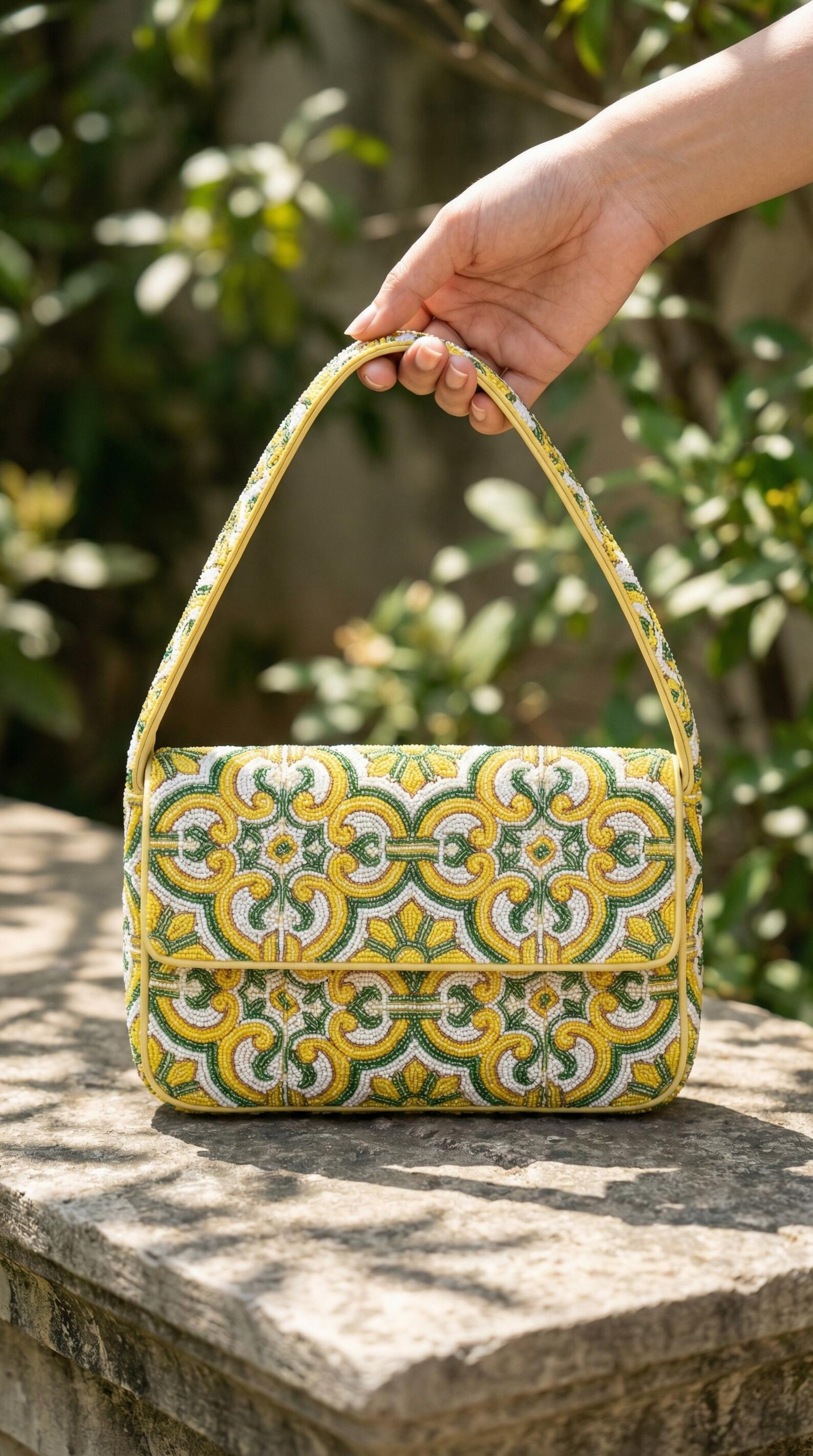 Sicilian Majolica Inspired Yellow Green Beaded Shoulder Bag - Mediterranean Tile Pattern Hand-Bea... | Etsy (Global)