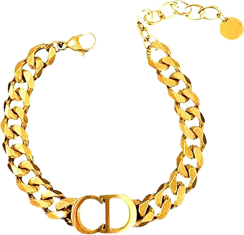 18k Gold Plated Cuban Chain CD Initial Stainless Steel Non-Fading Dainty Bracelet | Amazon (US)