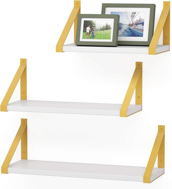 PDEEY Gold Floating Shelves Wall Mounted Set of 3, Modern White Wall Shelf for Bathroom, Bedroom,... | Amazon (US)