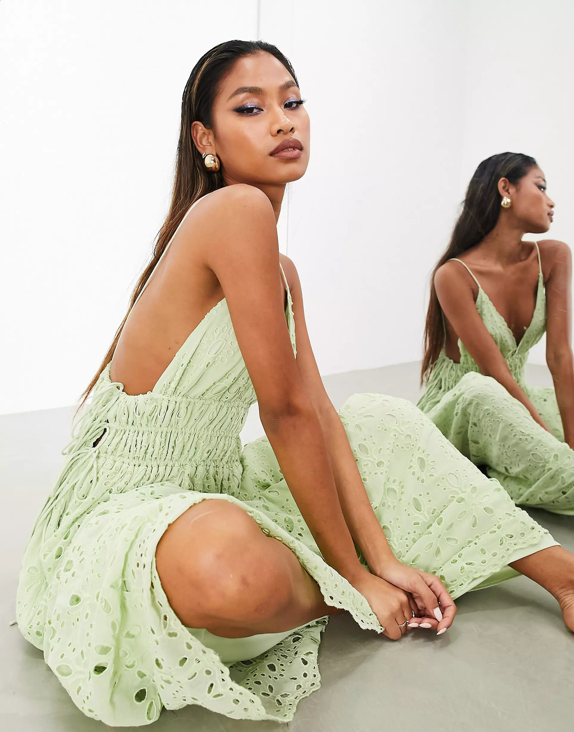 ASOS EDITION broderie cami maxi dress with ruched waist in sage green | ASOS (Global)