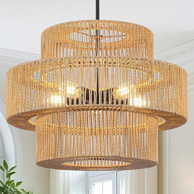 22" Boho Hand Woven Rattan Chandelier Light Fixture, 5-Lights Farmhouse Pendant Light for Kitchen... | Amazon (US)