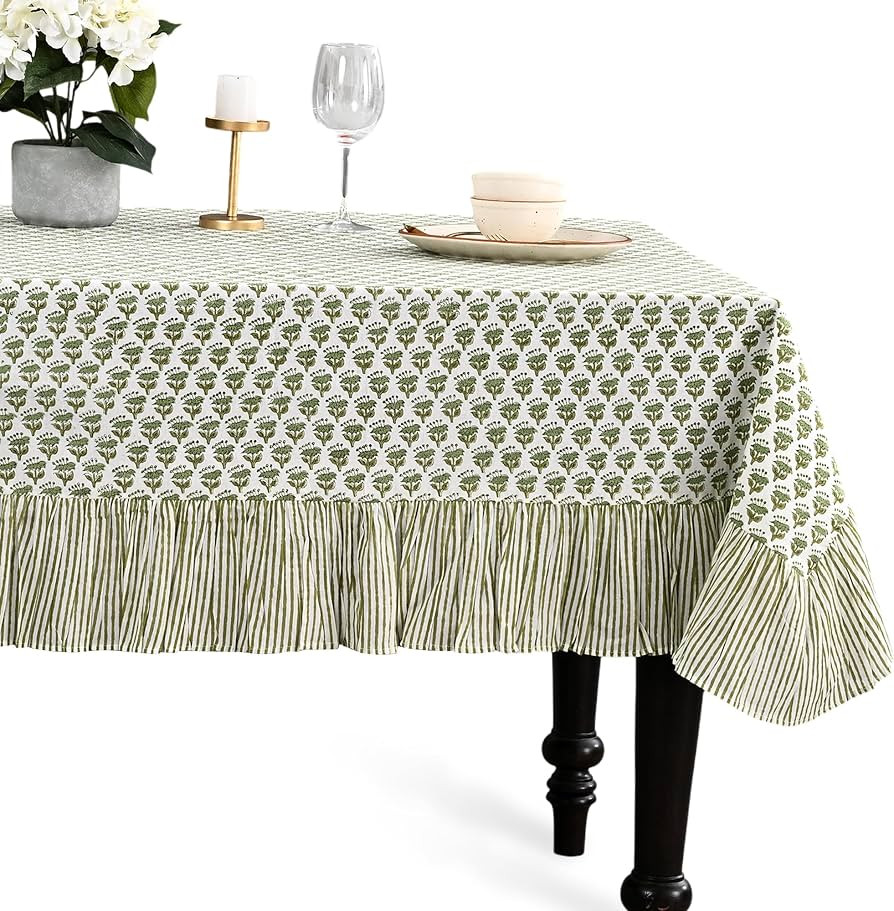 CPC Emerald Green Block Print Ruffle Tablecloth 100% Cotton 108" x 60" Rectangular Floral Table C... | Amazon (US)