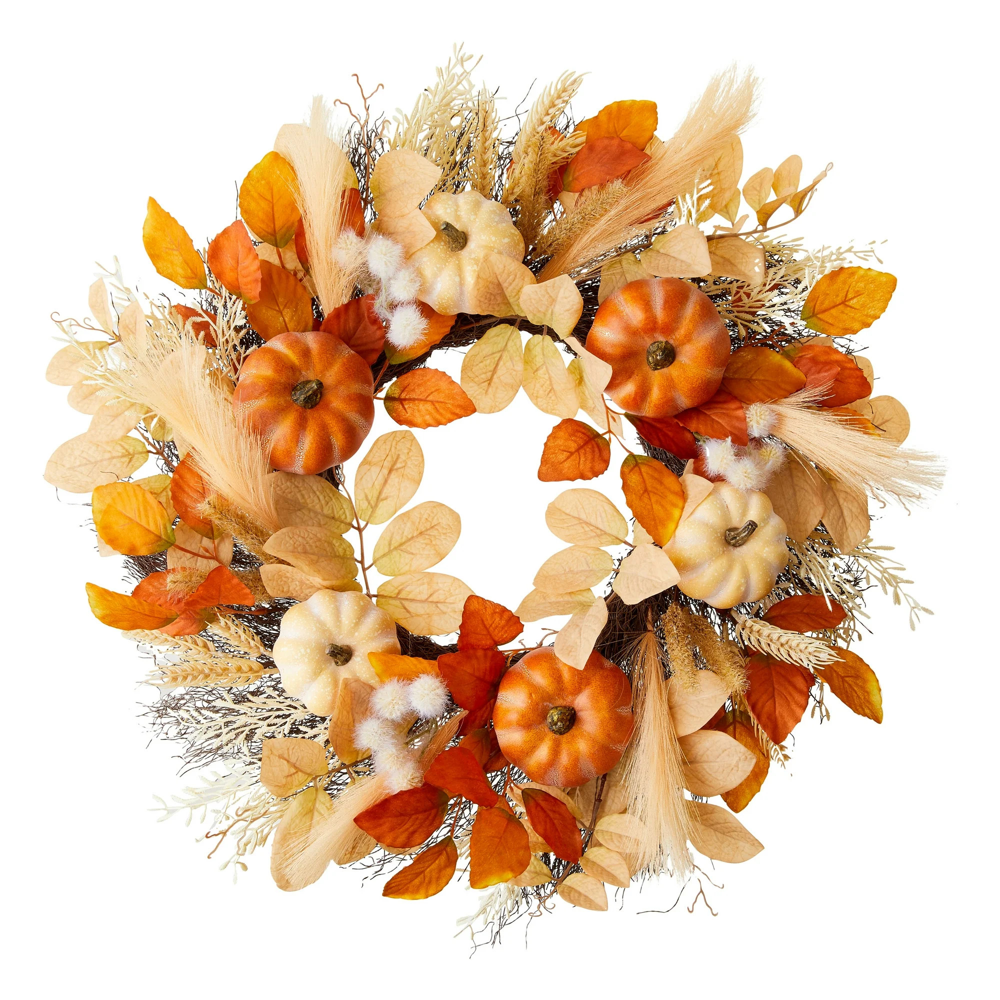 Foam Pumpkin & Foliage Wreath Decor, Orange & Cream, 24", Fall by Way To Celebrate | Walmart (US)