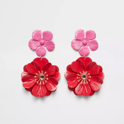 Red double flower stud drop earrings | River Island (UK & IE)