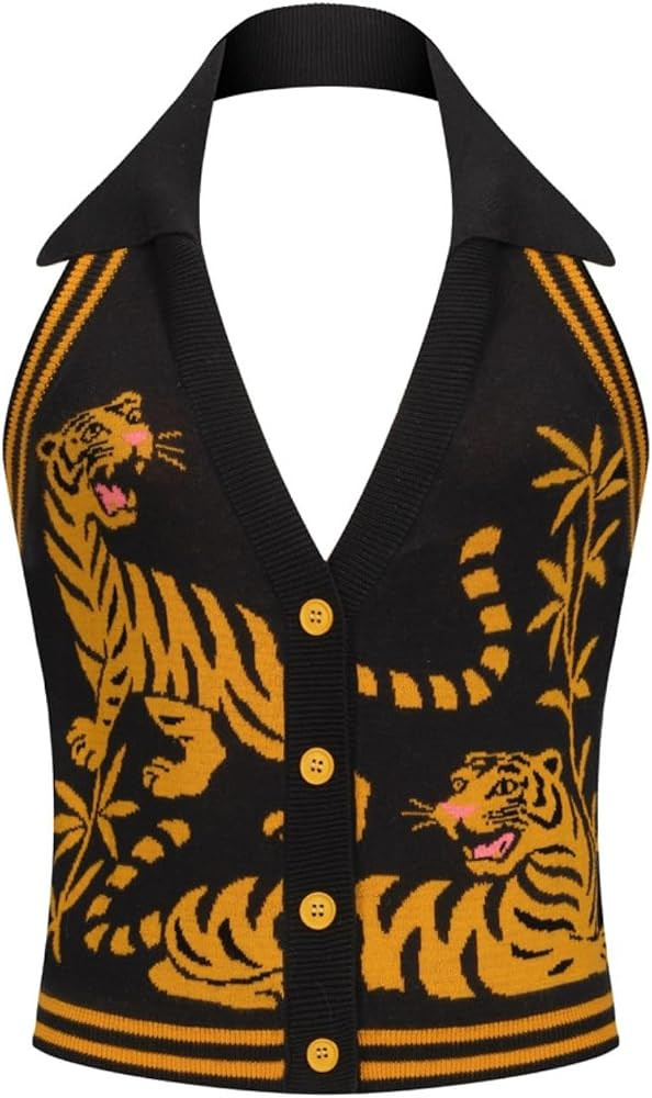 OXKnit Knit Vest Tops for Women, Retro Yellow Tiger Pattern Black Sleeveless Button Down Cotton T... | Amazon (US)