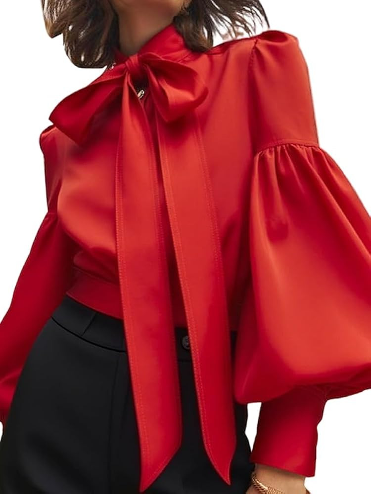 Womens Denim Blouse Pullover Bow Embellished Long Puff Sleeve Jean Buttoned Vintage Shirts Tops | Amazon (US)