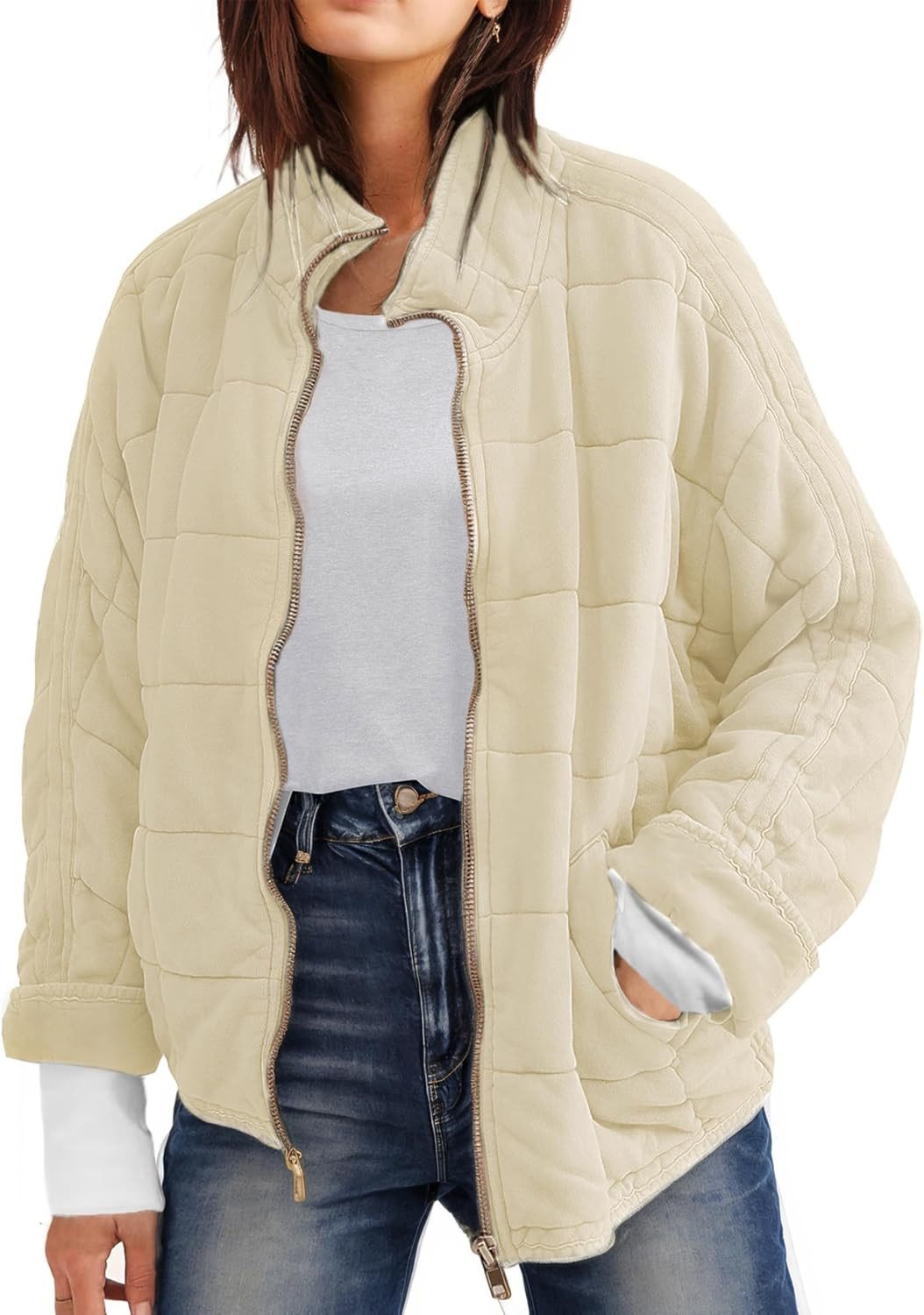 Womens Dolman Quilted Lightweight Jackets Full-zip Stand Collar Loose Warm Fall Winter Outwears with Pocket | Amazon (US)
