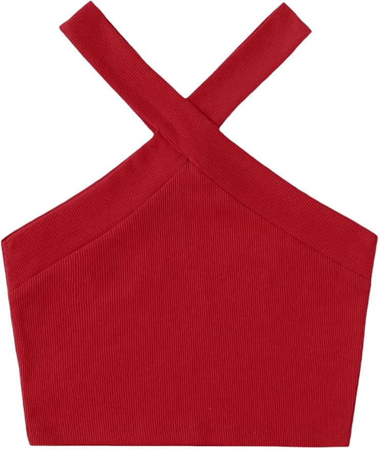 Floerns Women's Solid Criss Cross Sleeveless Rib Knit Halter Crop Tank Tops | Amazon (US)