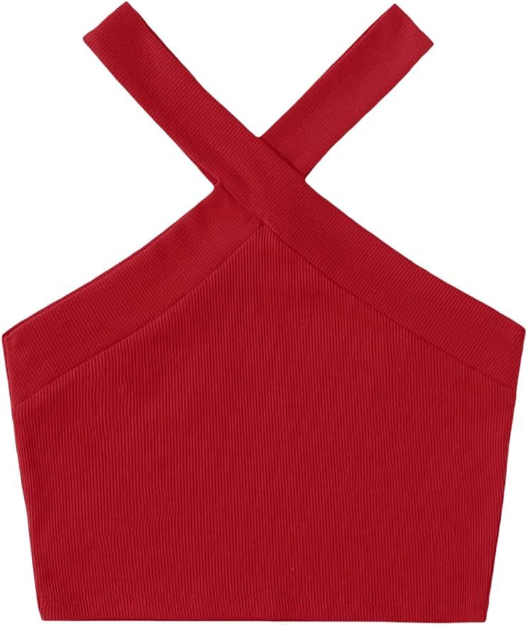 Floerns Women's Solid Criss Cross Sleeveless Rib Knit Halter Crop Tank Tops | Amazon (US)