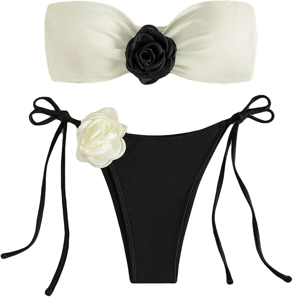 Women's Floral Bandeau Colorblock Bathing Suit High Waisted Triangle Swimsuit Bikini Set | Amazon (US)