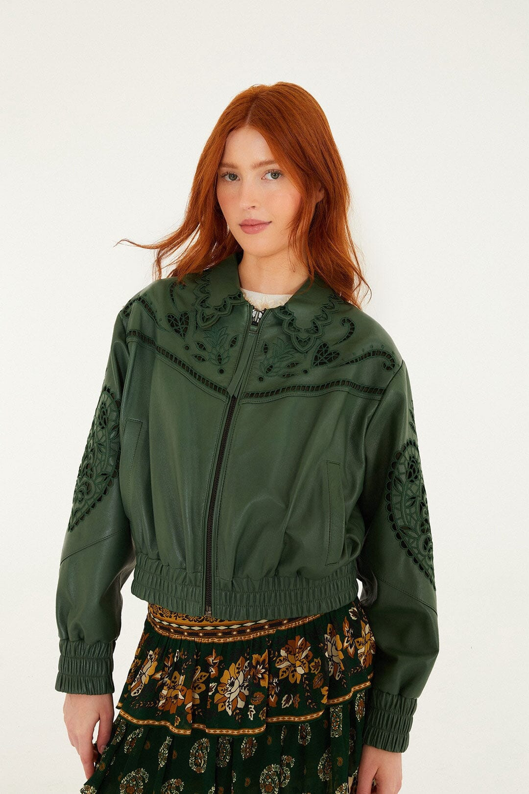 Green Richelieu Heart Leather Jacket, GREEN / XS | FarmRio (US)