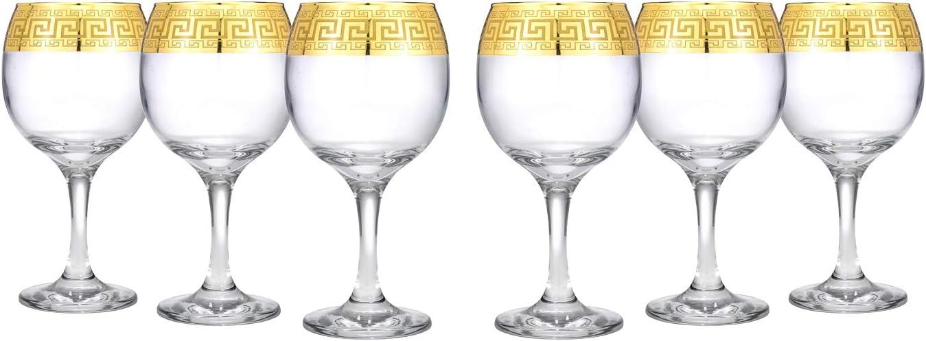 Gold Rimmed Wine Goblet 6-piece Glass Set Greek Key Pattern Contemporary Drinkware | Amazon (US)