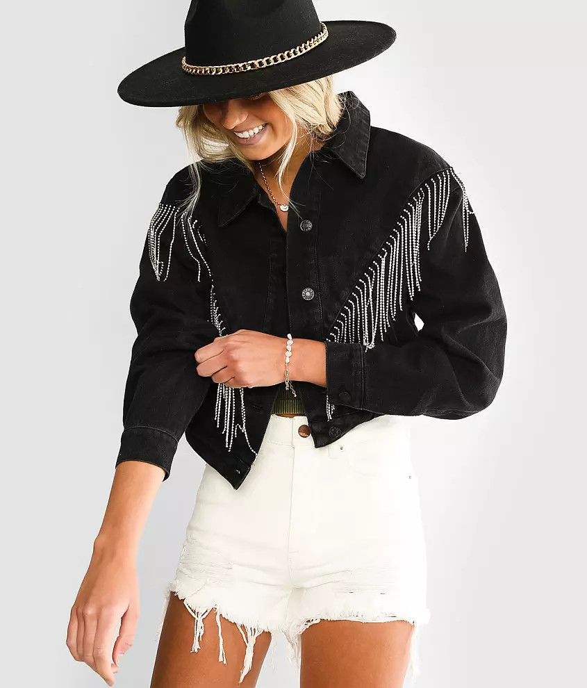 Blue B Rhinestone Fringe Denim Jacket | Buckle