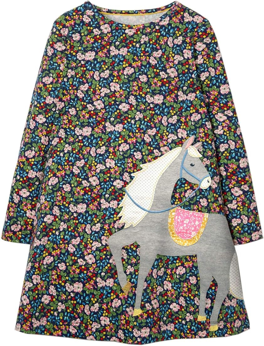 Youlebao Girls Cotton Long Sleeve Casual Cartoon Appliques Striped Jersey Dresses | Amazon (US)