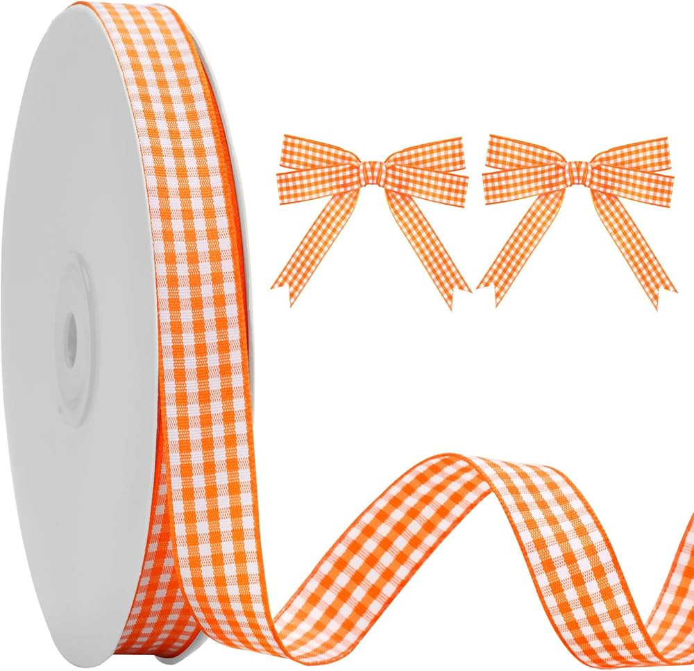KINGLAKE Orange Gingham Ribbon - 5/8'' x 50 Yards Orange and White Ribbon for Gift Wrapping, Poly... | Amazon (US)