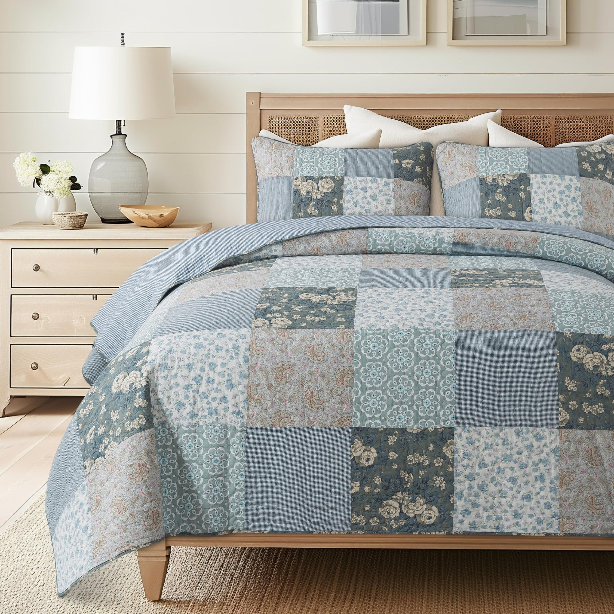 SLPR Wildflowers Cotton Quilt Set - Queen Size with 2 Shams, Blue Gray Floral Pieced Patchwork De... | Amazon (US)