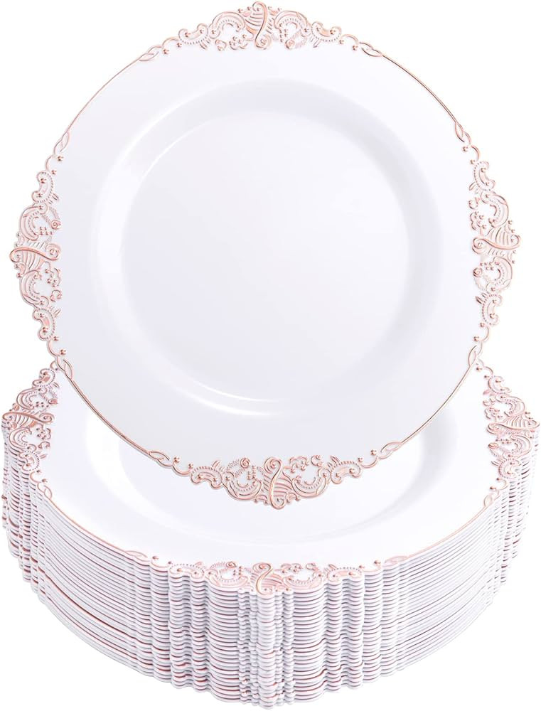 Morejoy 100 Pieces Rose Gold Plastic Plates - Rose Gold Disposable Plates - 10.25inch White Plast... | Amazon (US)