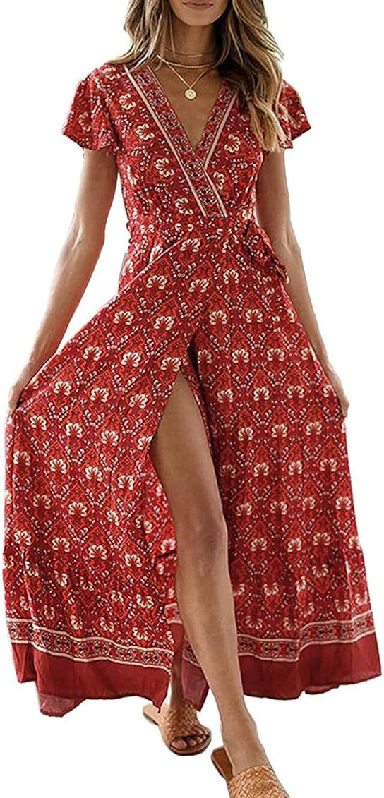 ZESICA Women's Bohemian Floral Printed Wrap V Neck Short Sleeve Split Beach Party Maxi Dress | Amazon (US)