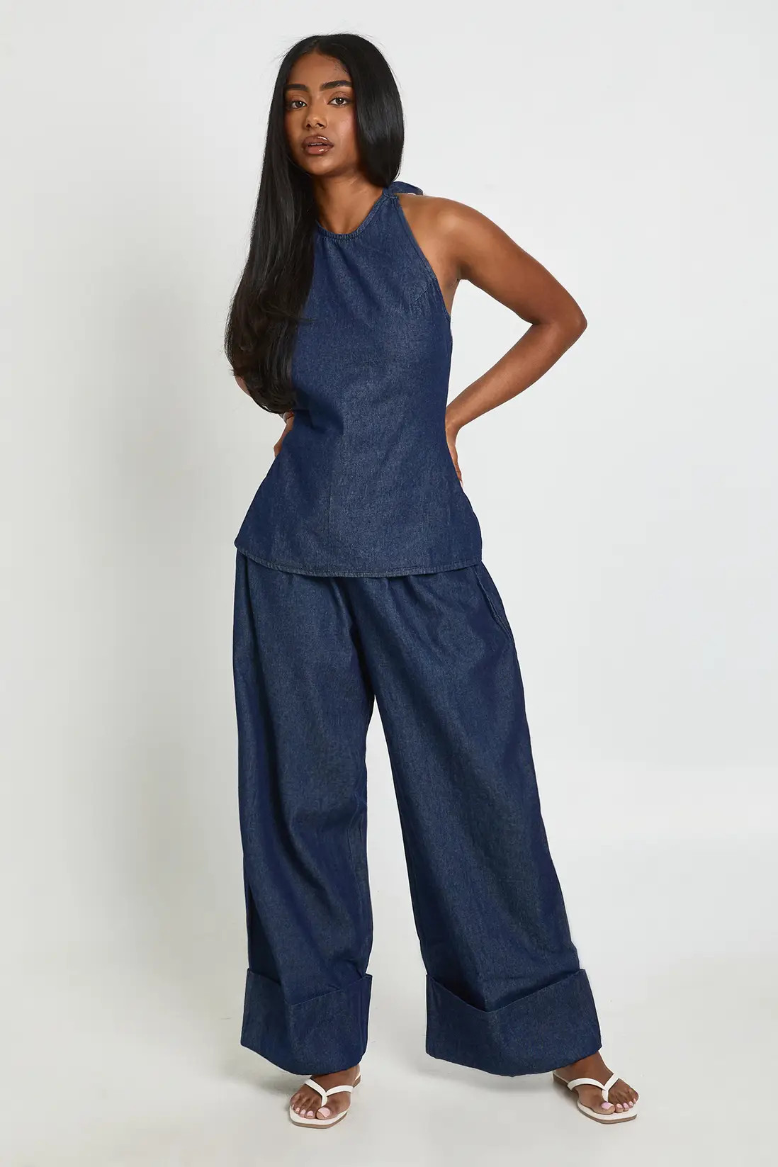 Indigo Chambray Tie Halterneck Top & Turnup Wide Leg Trousers | Boohoo | Boohoo.com (UK & IE)